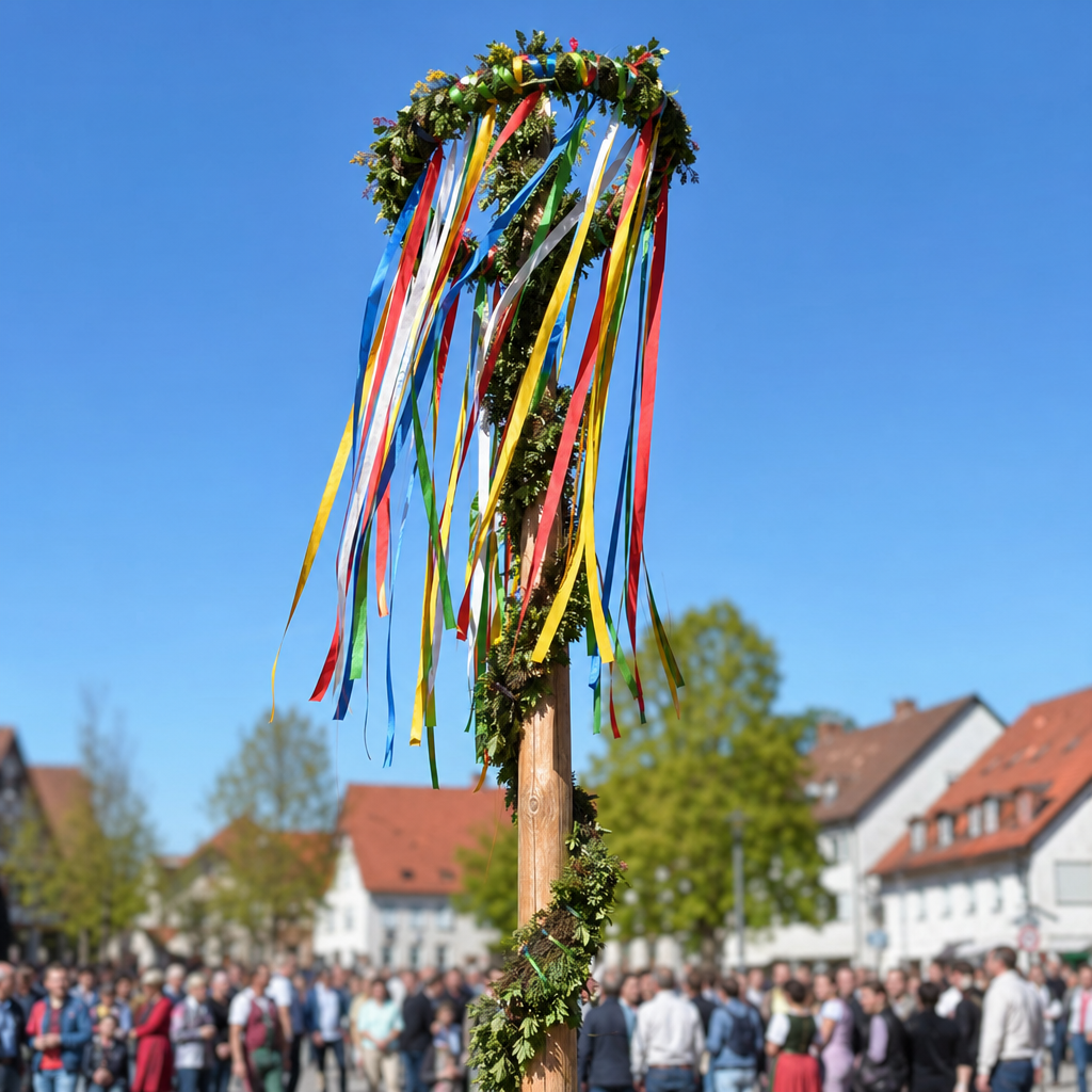 Traditioneller deutscher Maibaum mit bunten Bändern auf Dorfplatz