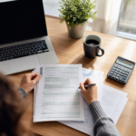 Person bei der Steuererklärung am Schreibtisch mit Laptop und Steuerformularen