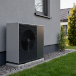 Moderne Wärmepumpe an einem deutschen Wohnhaus