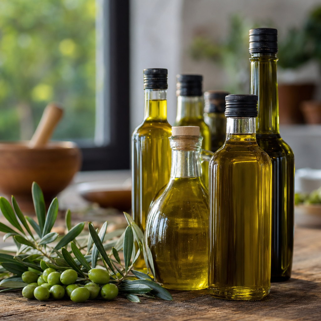 Verschiedene Olivenöl-Flaschen auf Holztisch mit grünen Oliven