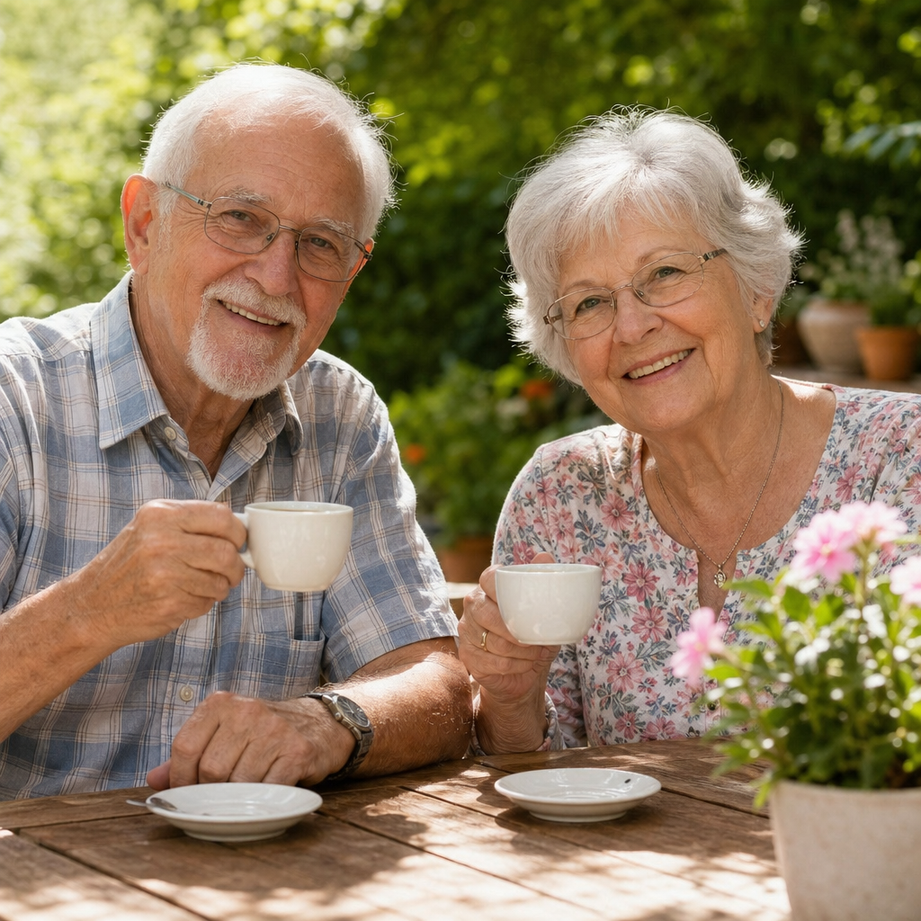 Älteres deutsches Rentnerpaar im Garten beim Kaffee