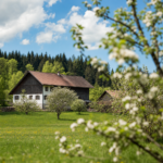 Bayerische Frühlingslandschaft mit blühenden Obstbäumen und grünen Wiesen