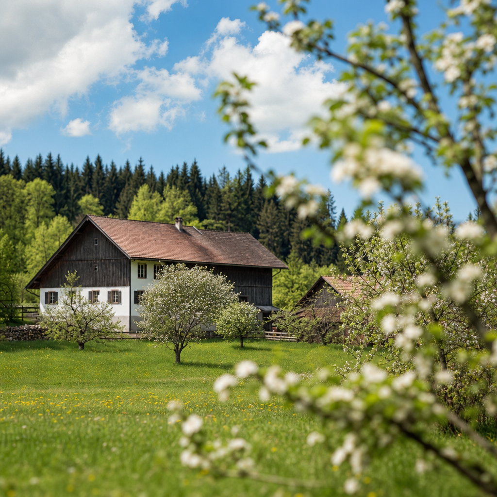 Bayerische Frühlingslandschaft mit blühenden Obstbäumen und grünen Wiesen