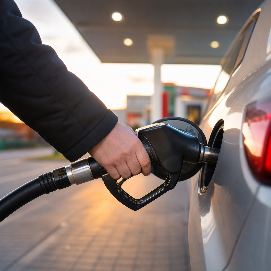Tankvorgang an einer modernen deutschen Tankstelle in der Abendsonne