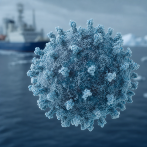 Hantavirus-Partikel mit Expeditionsschiff im Hintergrund, fotorealistische medizinische Illustration
