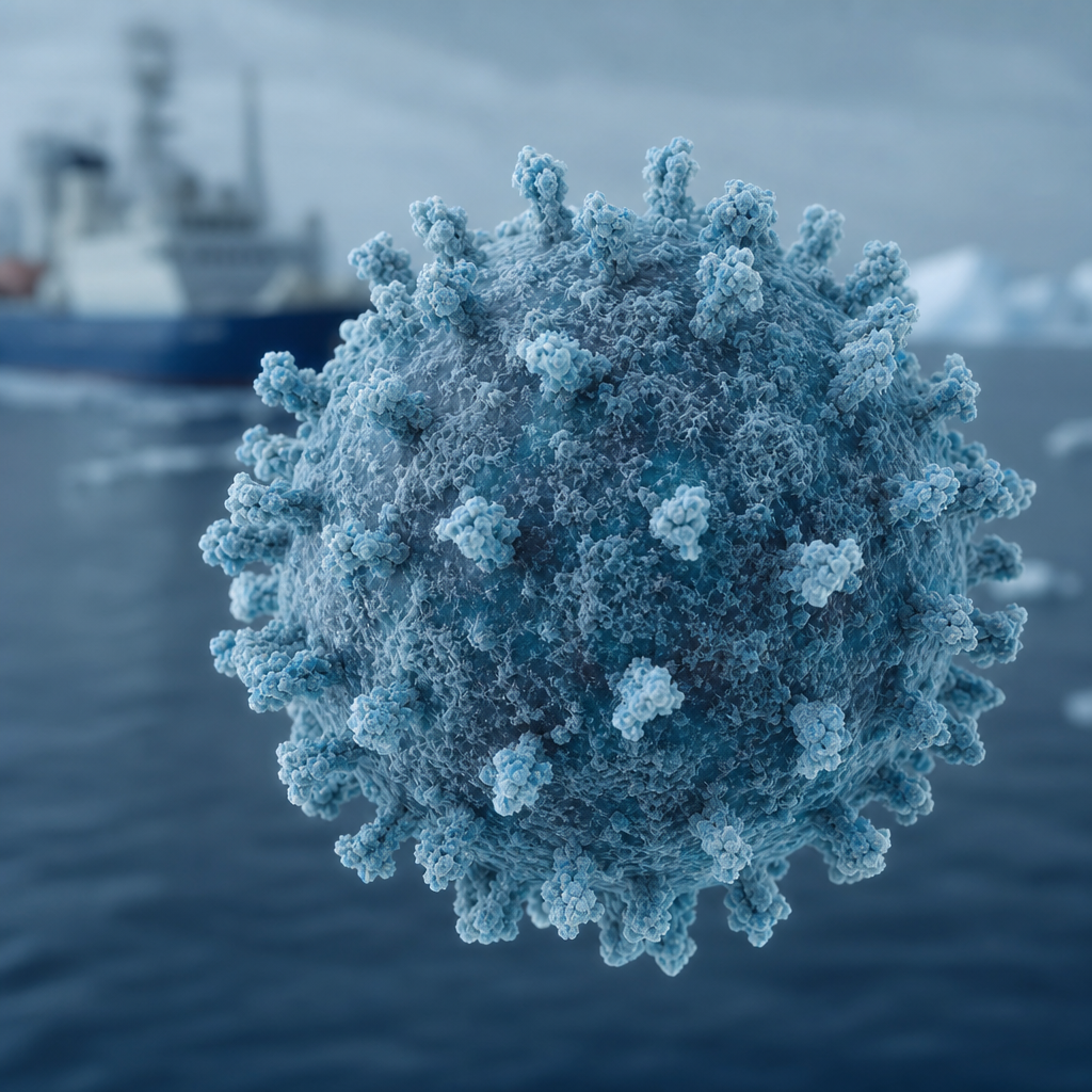Hantavirus-Partikel mit Expeditionsschiff im Hintergrund, fotorealistische medizinische Illustration
