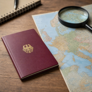 Deutscher Reisepass und Europakarte auf Schreibtisch